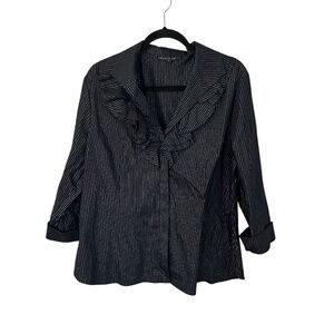 Lafayette 148 New York Women’s Black Pinstripe Ruffle V-Neck Blouse Sz 16 GUC